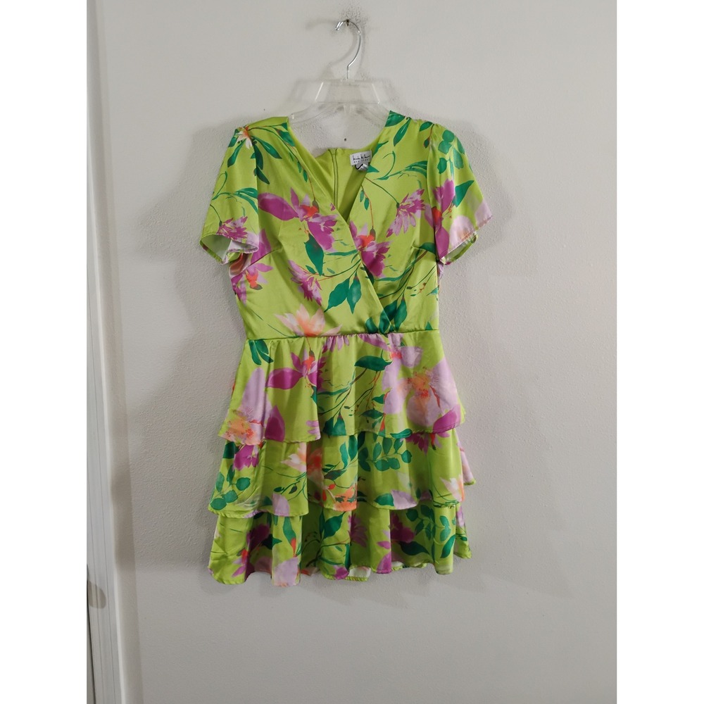 Nicole Miller New York Floral Satin Tiered Ruffle Mini Dress Lime Green Medium